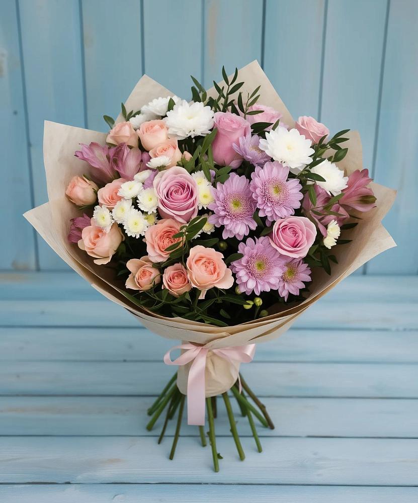 Букет цветов из: Хризантемы, Розы и Альстромерии в Струги Красные