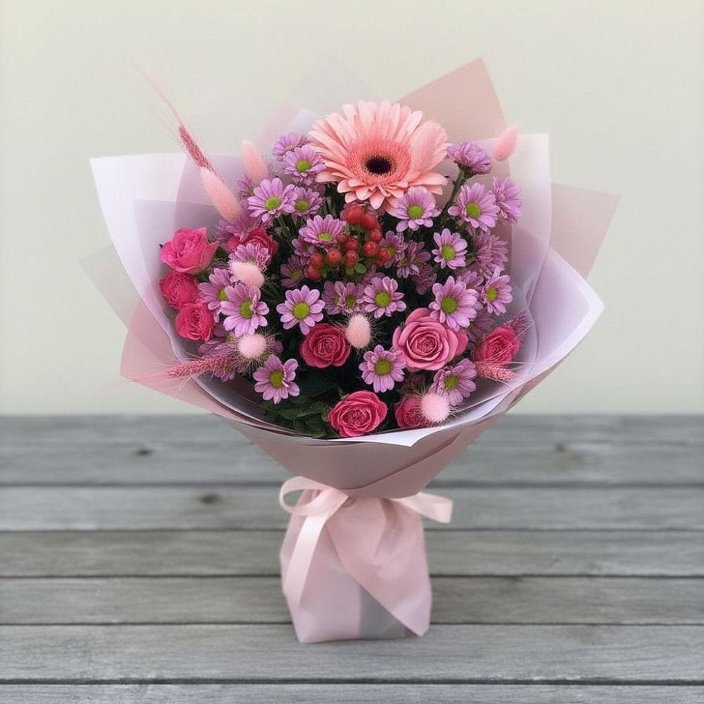 Букет цветов из: Розы, Герберы и Хризантемы в Струги Красные