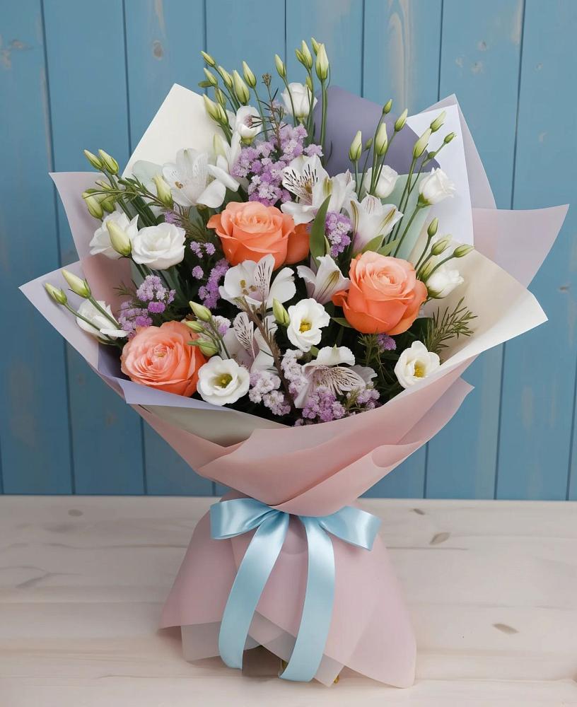 Букет цветов из: Лизиантусы, Розы, Альстромерии и Гипсофила в Струги Красные