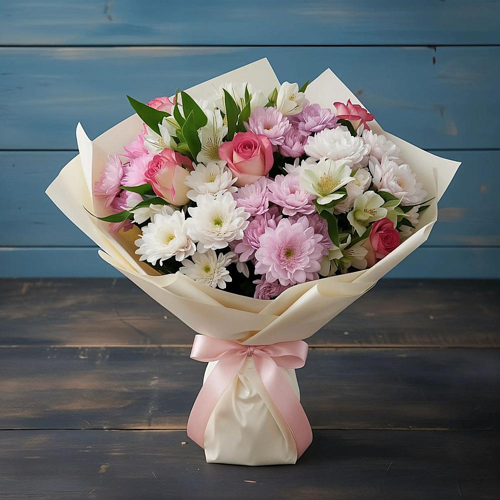 Букет цветов из: Хризантемы, Альстромерии и Розы в Струги Красные